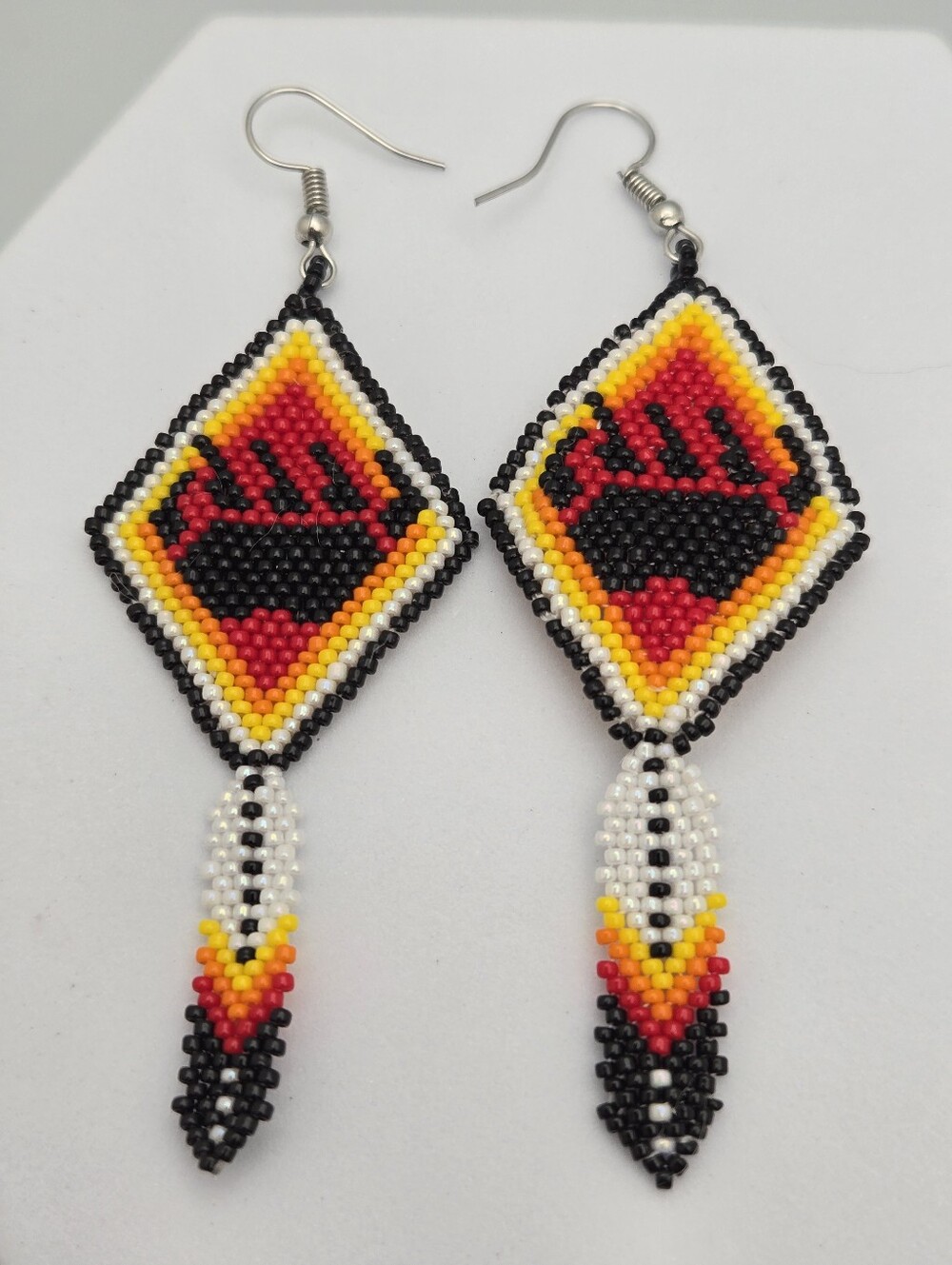 Bear Paw Beaded Feather Dangle Earrings Brick Stitch Boho Southwestern 3.5"